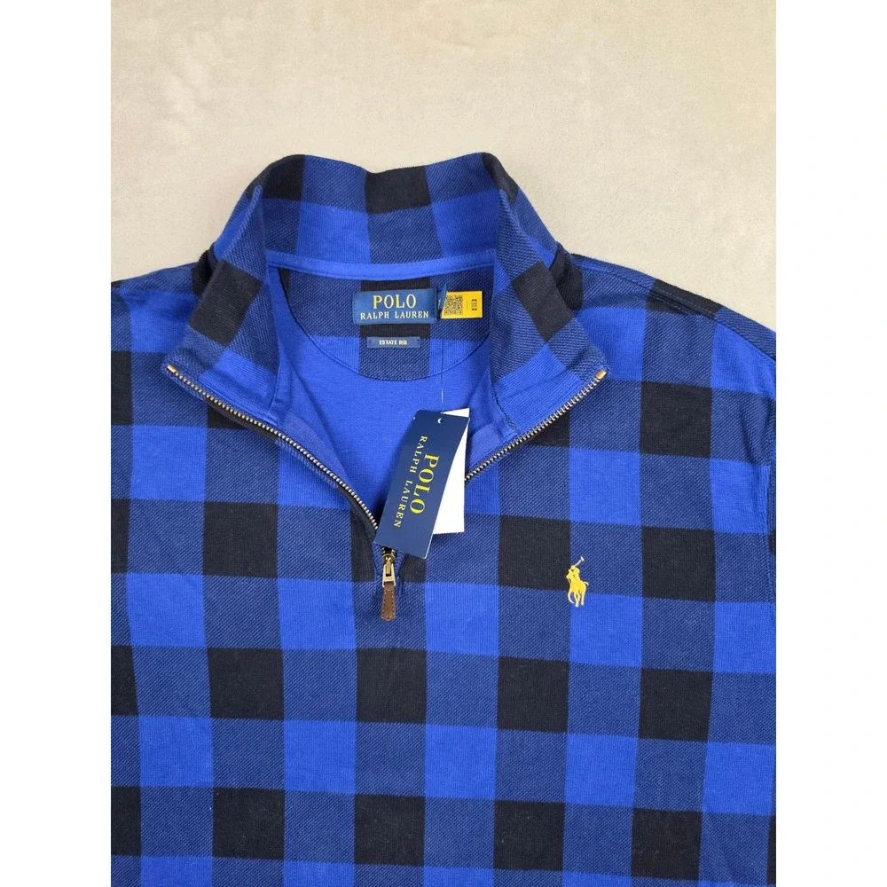 Polo Ralph Lauren Quarter Zip Sweater Men XL Blue Check Estate Rib Buffalo Plaid